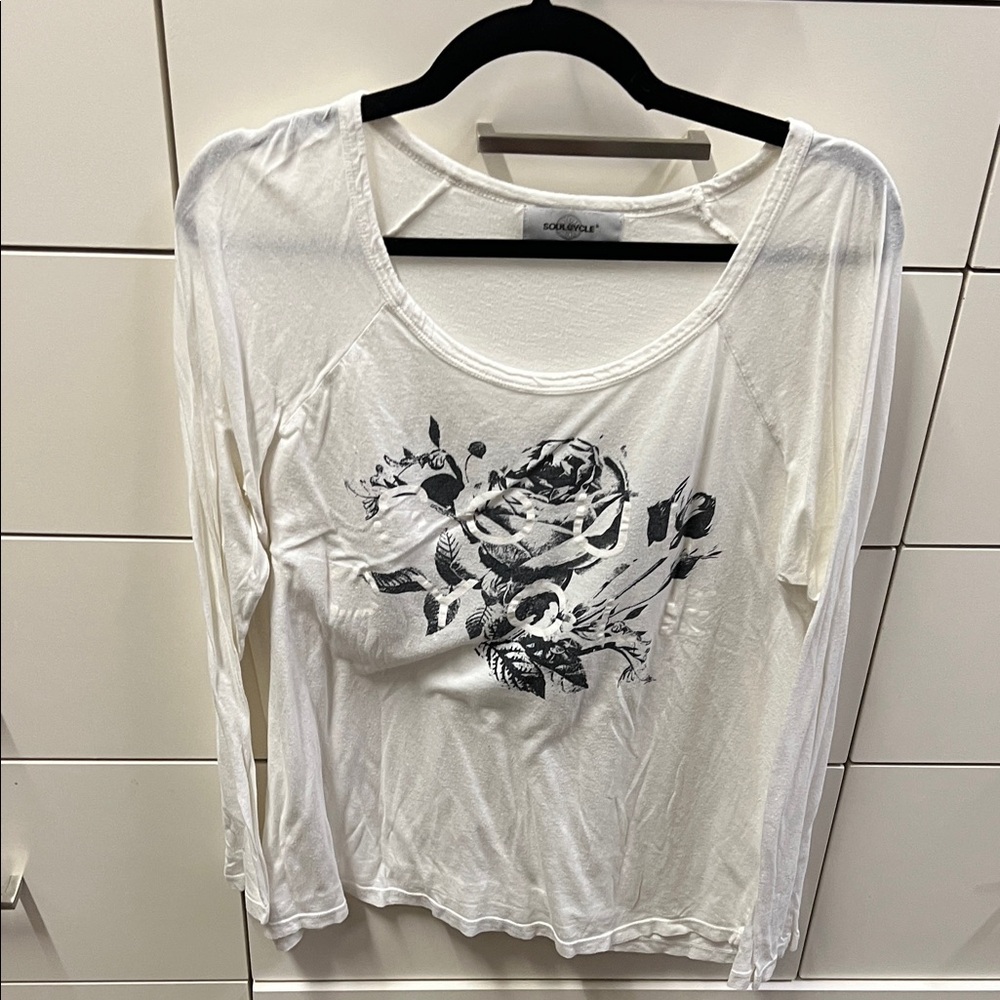 SoulCycle Ivory Long Sleeve Top with Charcoal Floral Print